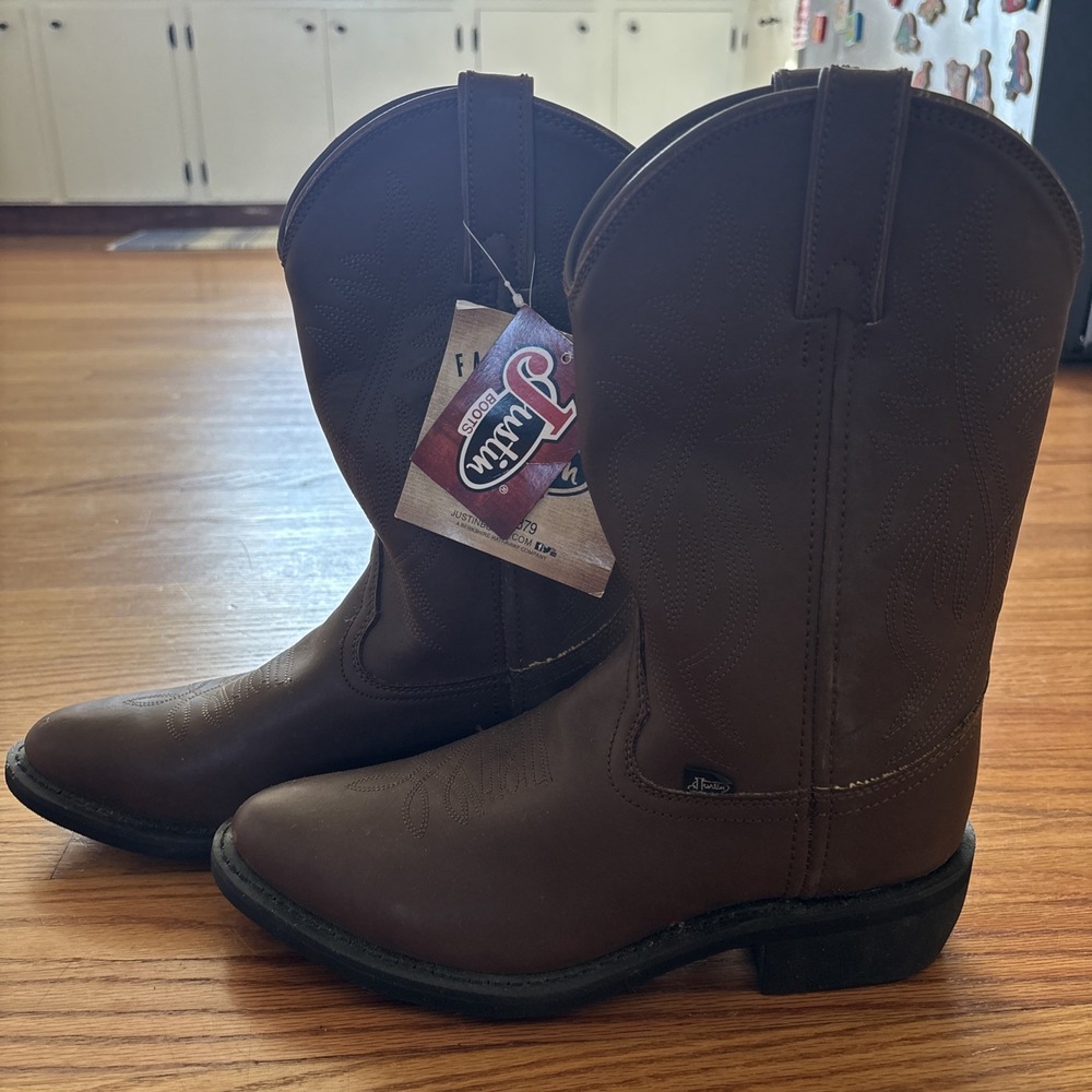 Size 8 EE - Justin Basics Style BROWN Leather Western Roper Boots - New with Tag